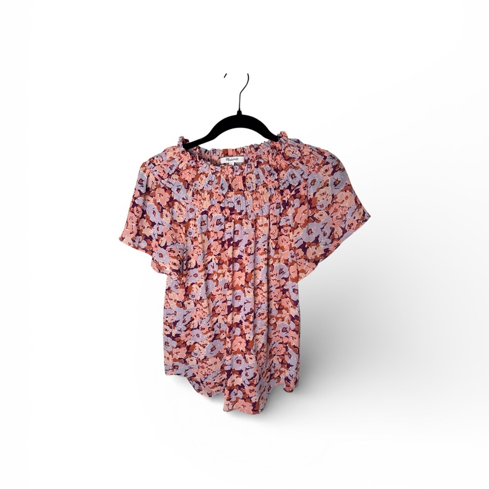 Madewell Pink & Gray Floral High Neck Short Sleeve Blouse Size Small